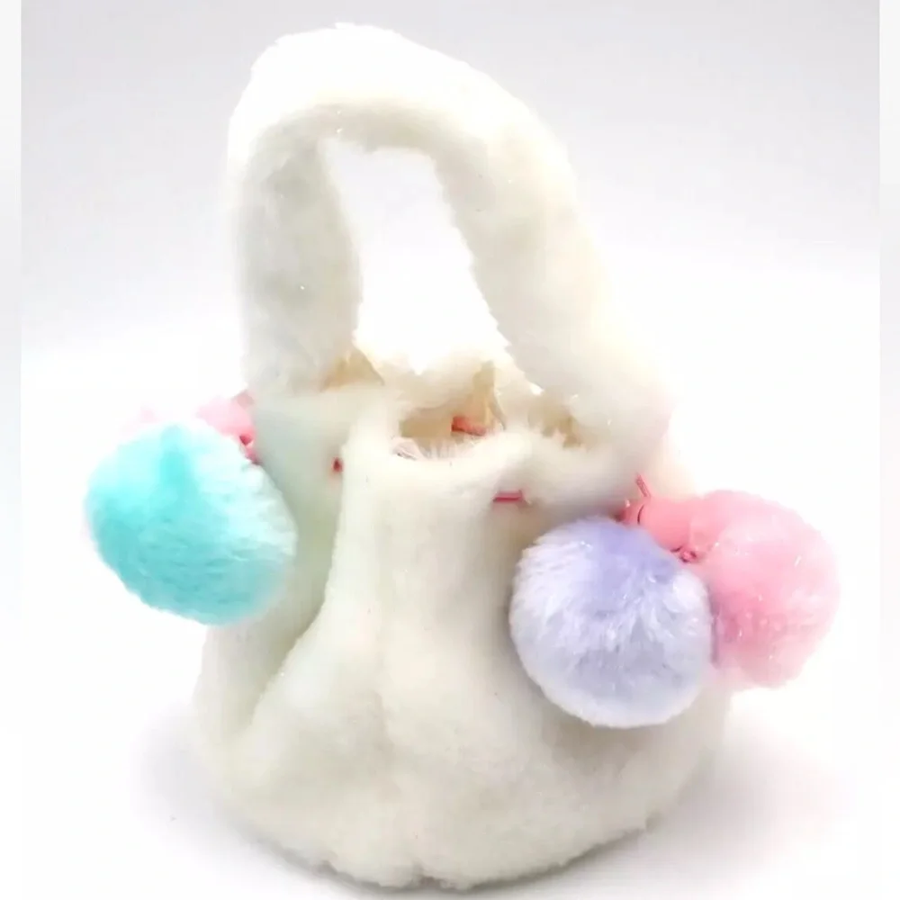 Vintage Gymboree Plush Purse Fuzzy Pouch Basket White Multicolor Puff Balls